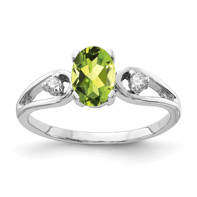 14K Weißgold Ring mit 7x5 mm ovalem Peridot VS und echten Diamanten