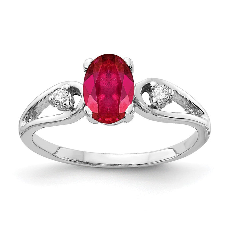 14K-Weißgold-Ring mit ovalem Rubin AAA 7x5 mm und echten Diamanten