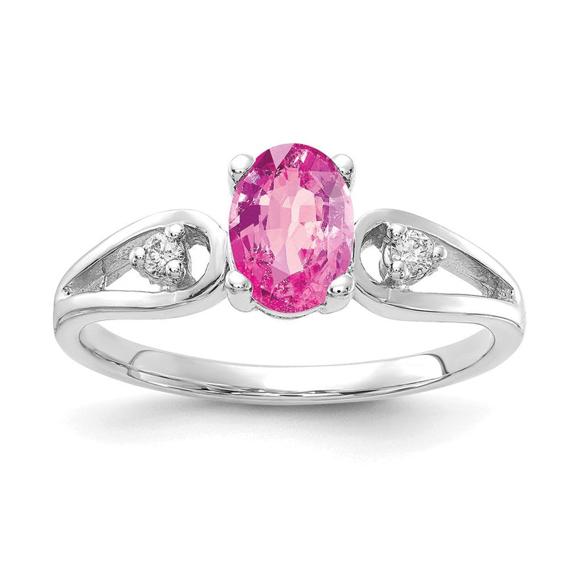 14K Weißgold Ring mit ovalem rosa Saphir AA 7x5 mm und echten Diamanten
