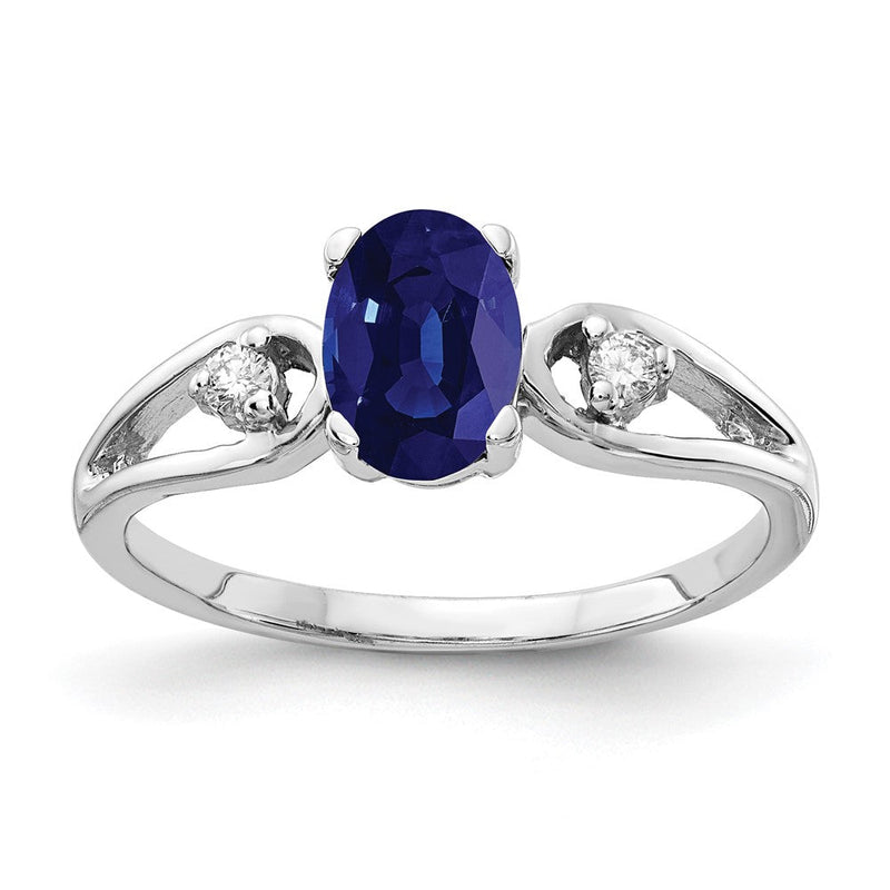14K Weißgold Ring mit ovalem Saphir und Diamant, 7x5 mm