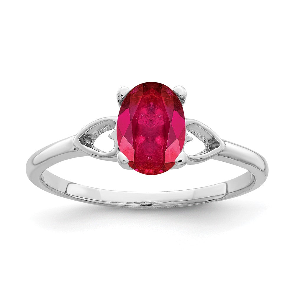 Massiv 14K Weißgold 7x5mm Oval Synthetisch Rubin Ring