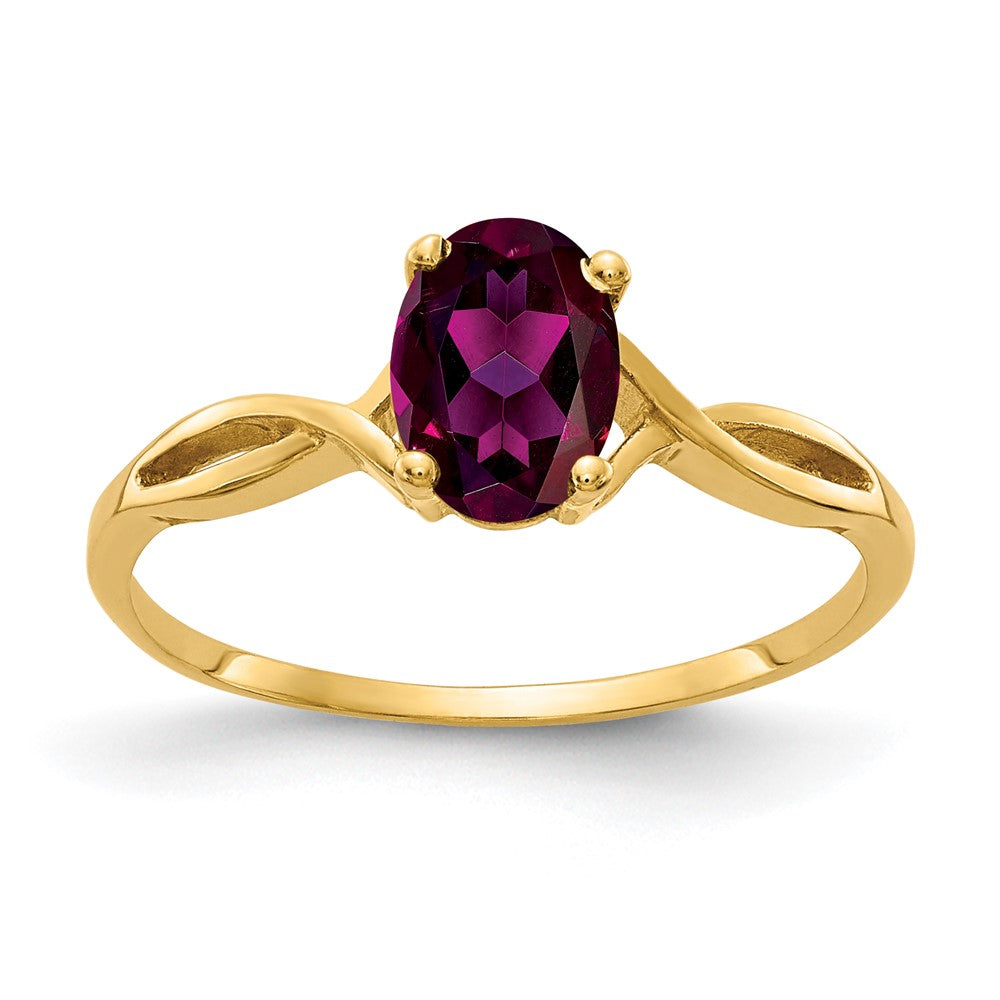 Ring aus massivem 14K Gelbgold mit ovalem simuliertem Rhodolith-Granat, 7x5mm