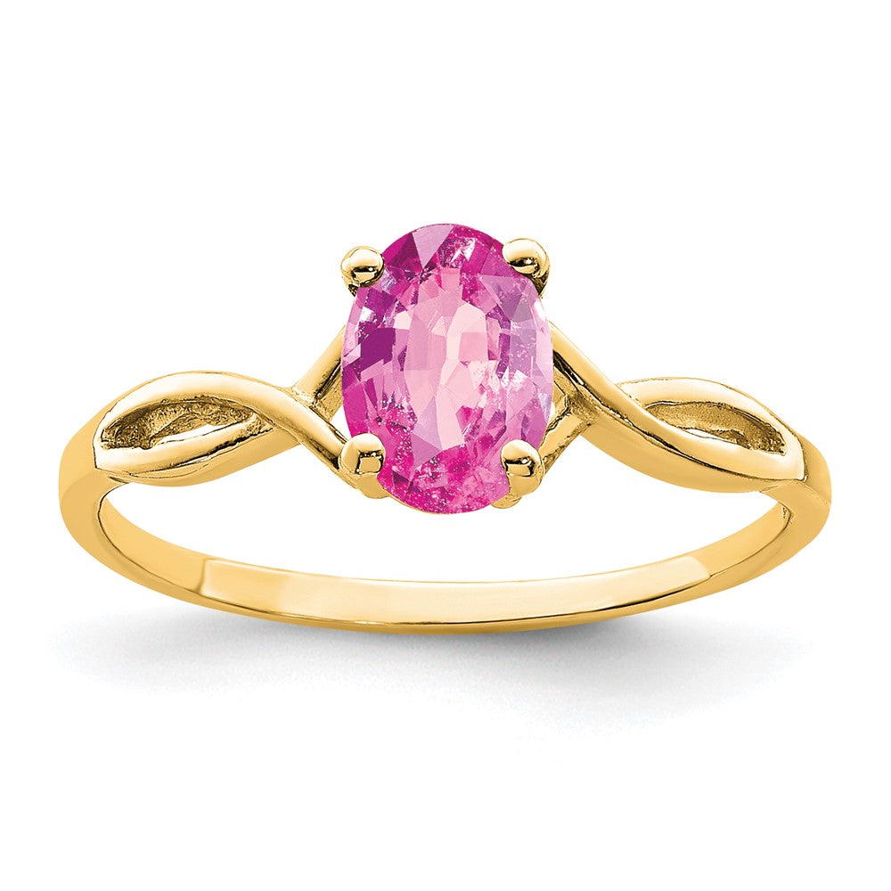 Massiv 14K Gelbgold 7x5mm Oval Rosa Synthetisch Saphir Ring