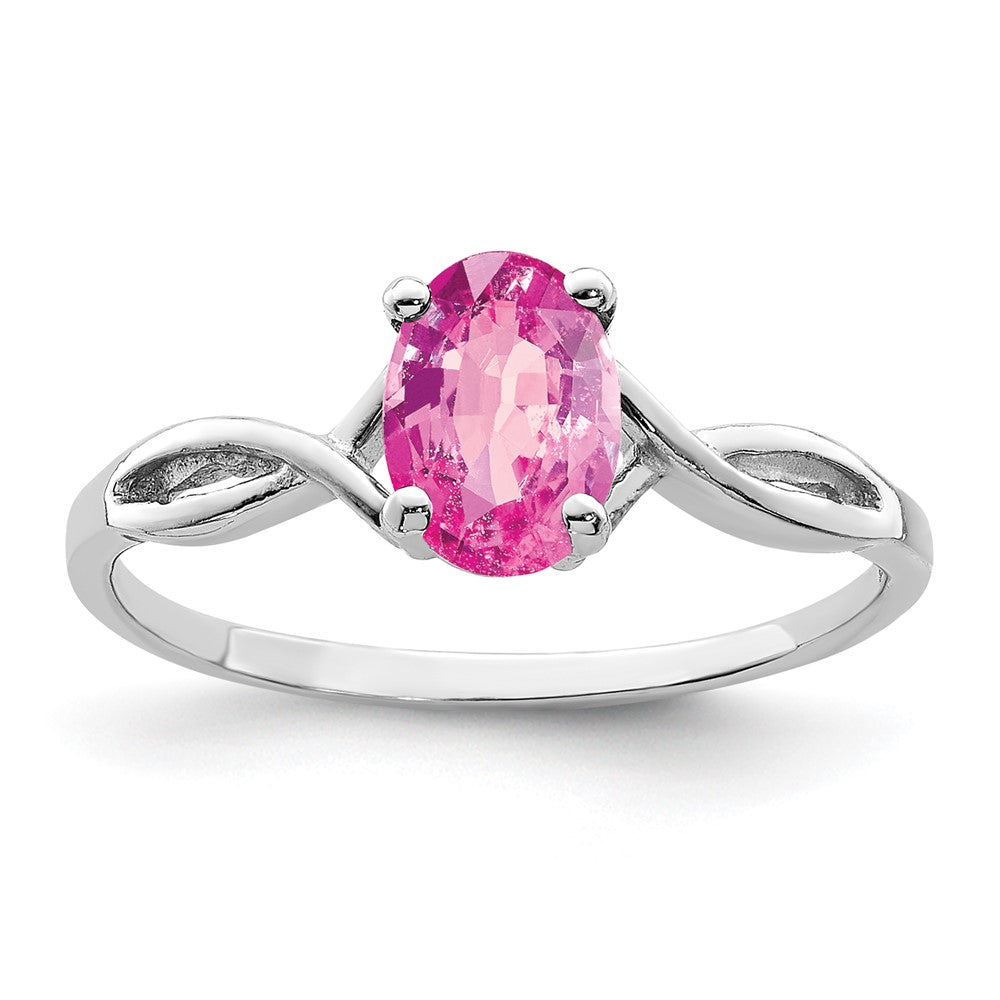 Massiv 14K Weißgold 7x5mm Oval Rosa Synthetisch Saphir Ring