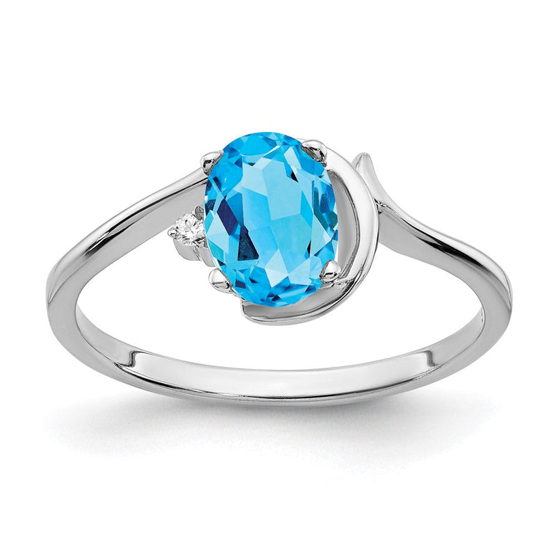 14K Weißgold Ring mit ovalem blauem Topas AA 7x5 mm und echten Diamanten