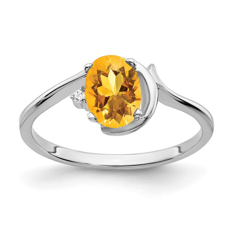 14K Weißgold Ring mit 7x5 mm ovalem Citrin im Schachbrettschliff und echten Diamanten VS