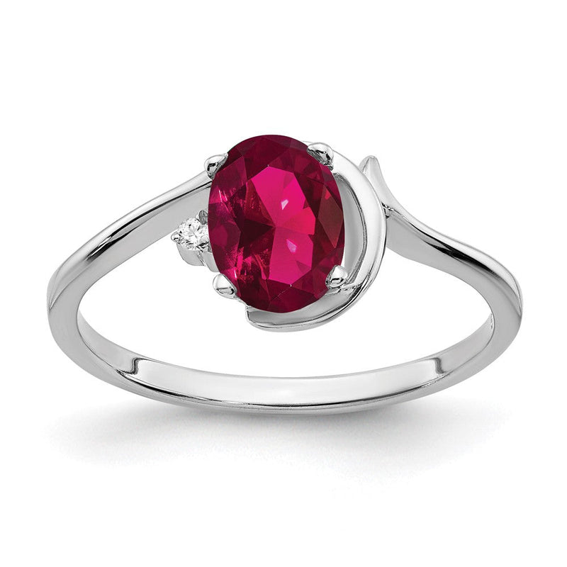 14K Weißgold Ring mit 7x5 mm ovalem synthetischem AAA-Rubin und echten Diamanten