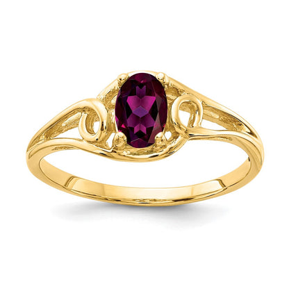 Massivring aus 14K Gelbgold mit ovalem, 7x5 mm simuliertem Rhodolith-Granat