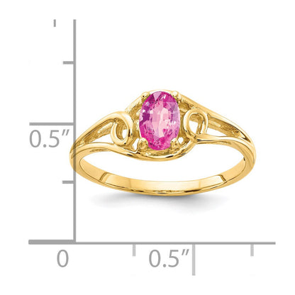 14K Gelbgold Ring mit ovalem rosa Saphir, 7x5 mm