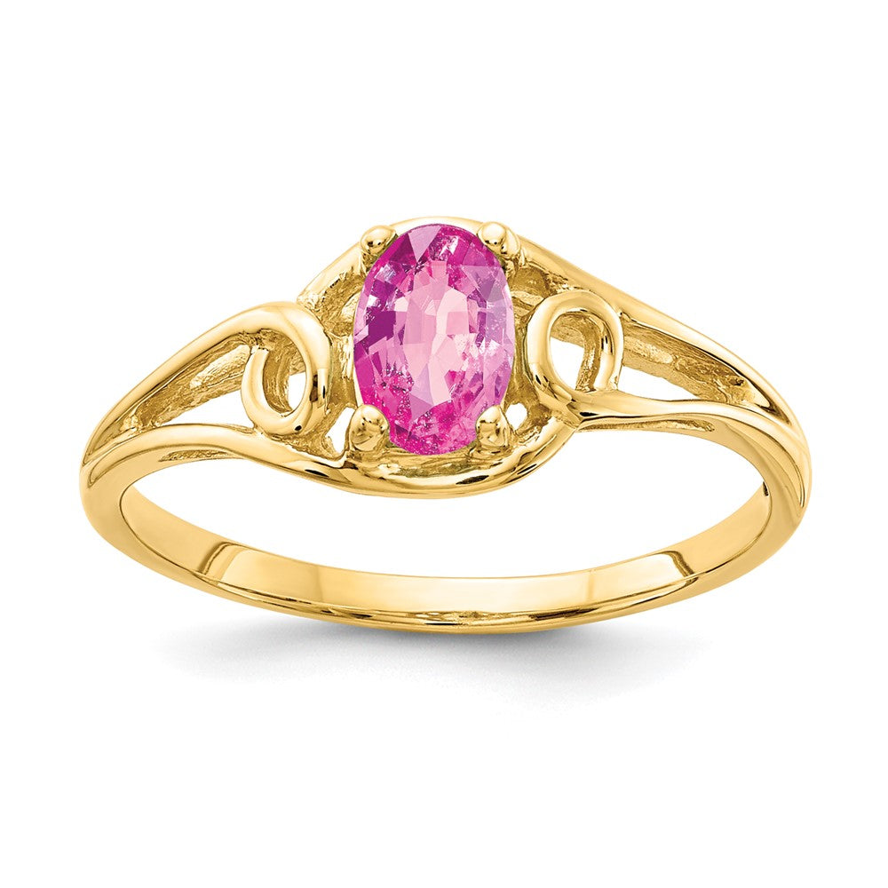 14K Gelbgold Ring mit ovalem rosa Saphir, 7x5 mm