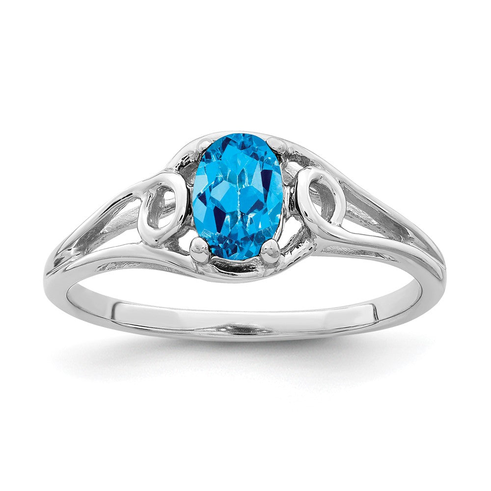 14K Weißgold Ring mit ovalem blauem Topas, 6x4 mm