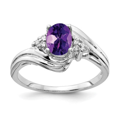 14K Weißgold Ring mit ovalem 7x5 mm Amethyst AAA und echten Diamanten