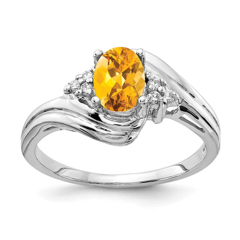 14K Weißgold Ring mit ovalem Citrin 7x5mm im Karo-Schliff und einem echten Diamanten