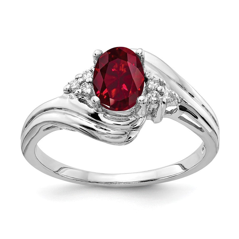 14K Weißgold Ring mit ovalem 7x5mm synthetischem Rubin AA und echten Diamanten