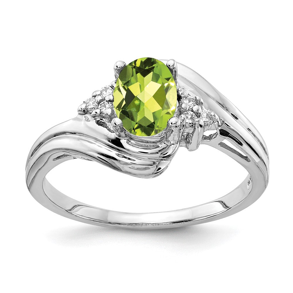 14K Weißgold Ring mit ovalem Peridot im Schachbrettschliff, 7x5 mm, AAA, und echten Diamanten
