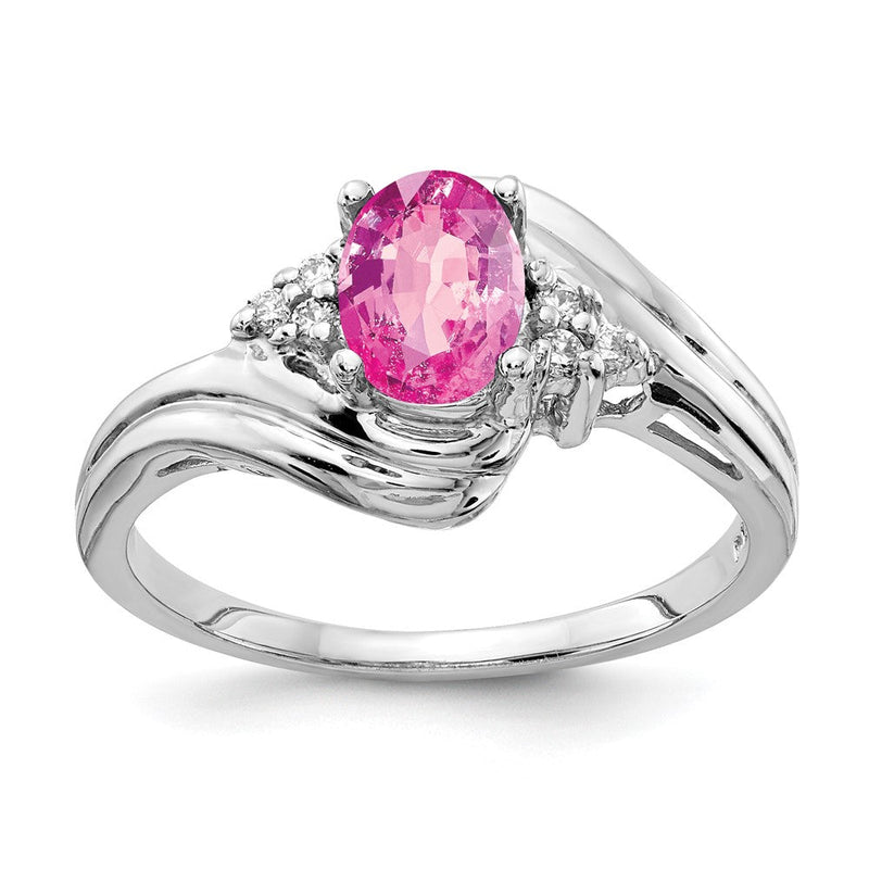 14K Weißgold Ring mit ovalem rosa Saphir AA, 7x5 mm, und echten Diamanten