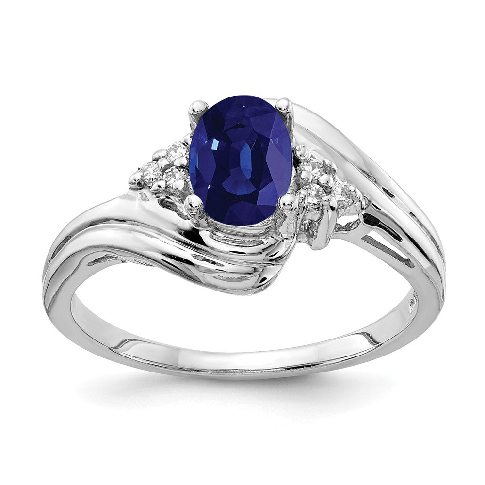 14K Weißgold Ring mit 7x5 mm Saphir im Oval-Schliff VS und echten Diamanten
