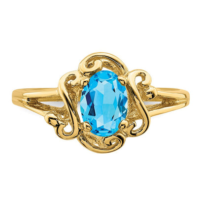 14K Gelbgold Ring mit ovalem Blautopas, 7x5mm