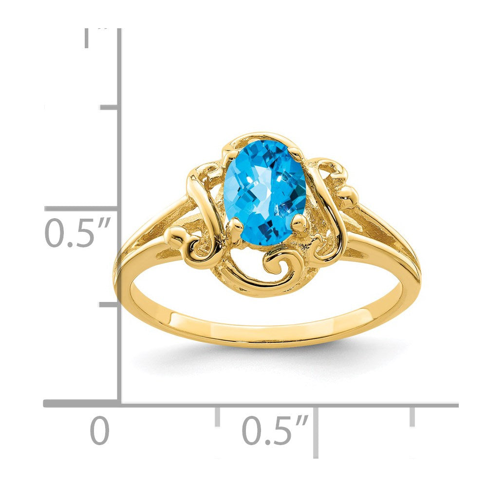 14K Gelbgold Ring mit 7x5 mm ovalem Blautopas im Karo-Schliff