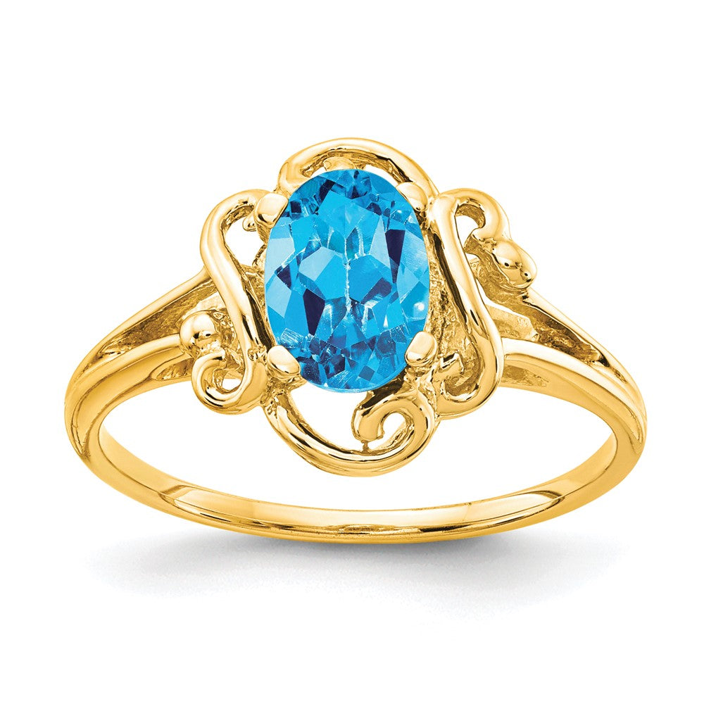 14K Gelbgold Ring mit ovalem Blautopas, 7x5mm