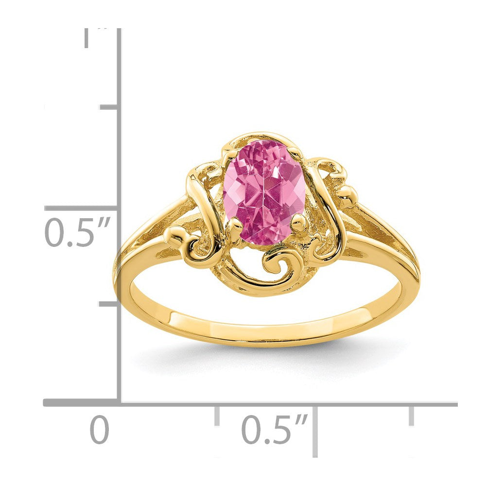 Solide Ovalring aus 14K Gelbgold mit simuliertem 7x5mm Pink-Turmalin