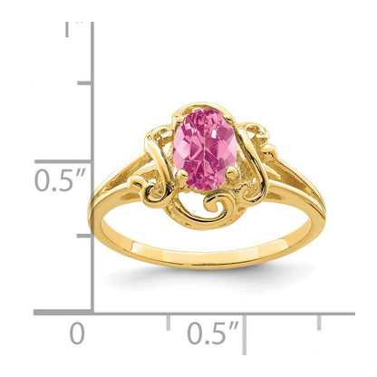 Solide Ovalring aus 14K Gelbgold mit simuliertem 7x5mm Pink-Turmalin