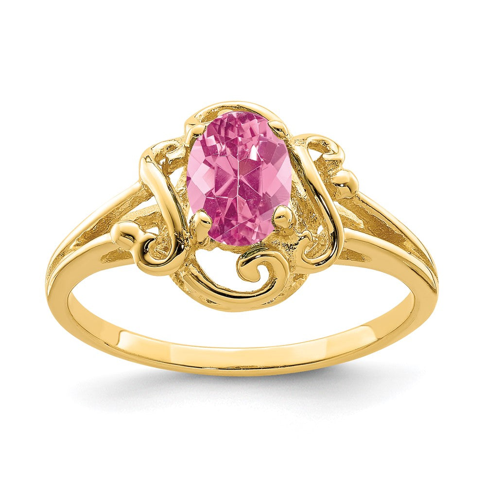 Solide Ovalring aus 14K Gelbgold mit simuliertem 7x5mm Pink-Turmalin