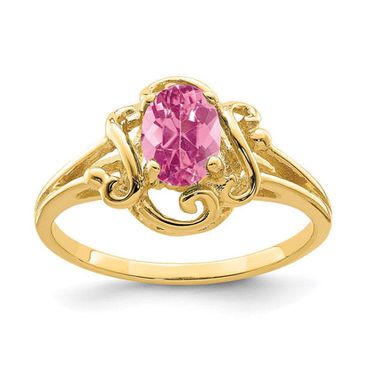 Solide Ovalring aus 14K Gelbgold mit simuliertem 7x5mm Pink-Turmalin