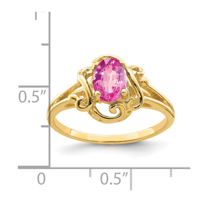 14K Gelbgold Ring mit ovalem rosa Saphir, 7x5 mm