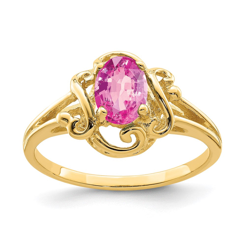 14K Gelbgold Ring mit ovalem rosa Saphir, 7x5 mm
