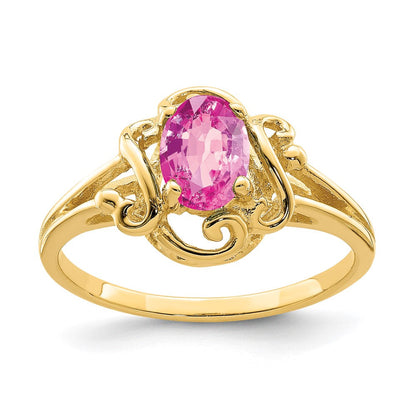 14K Gelbgold Ring mit ovalem rosa Saphir, 7x5 mm