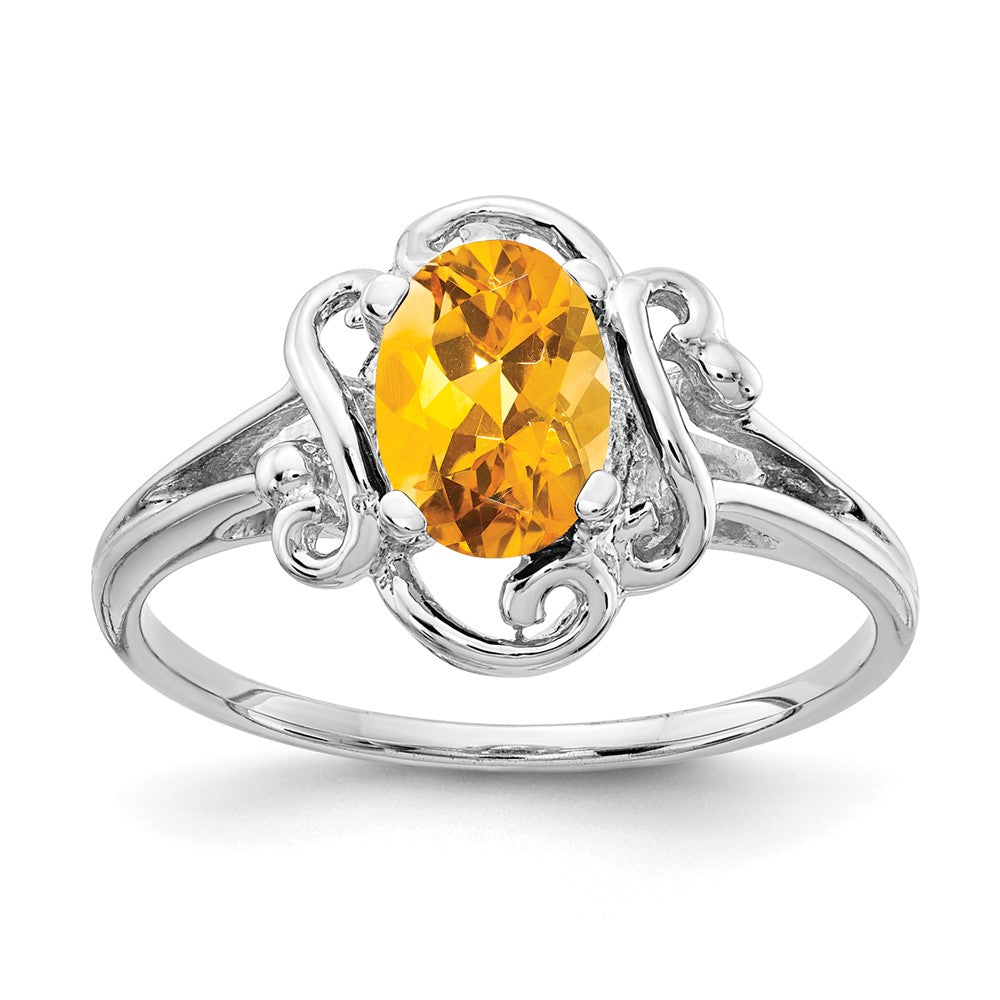 Massiv 14K Weißgold 7x5mm Oval Synthetisch Citrin Ring