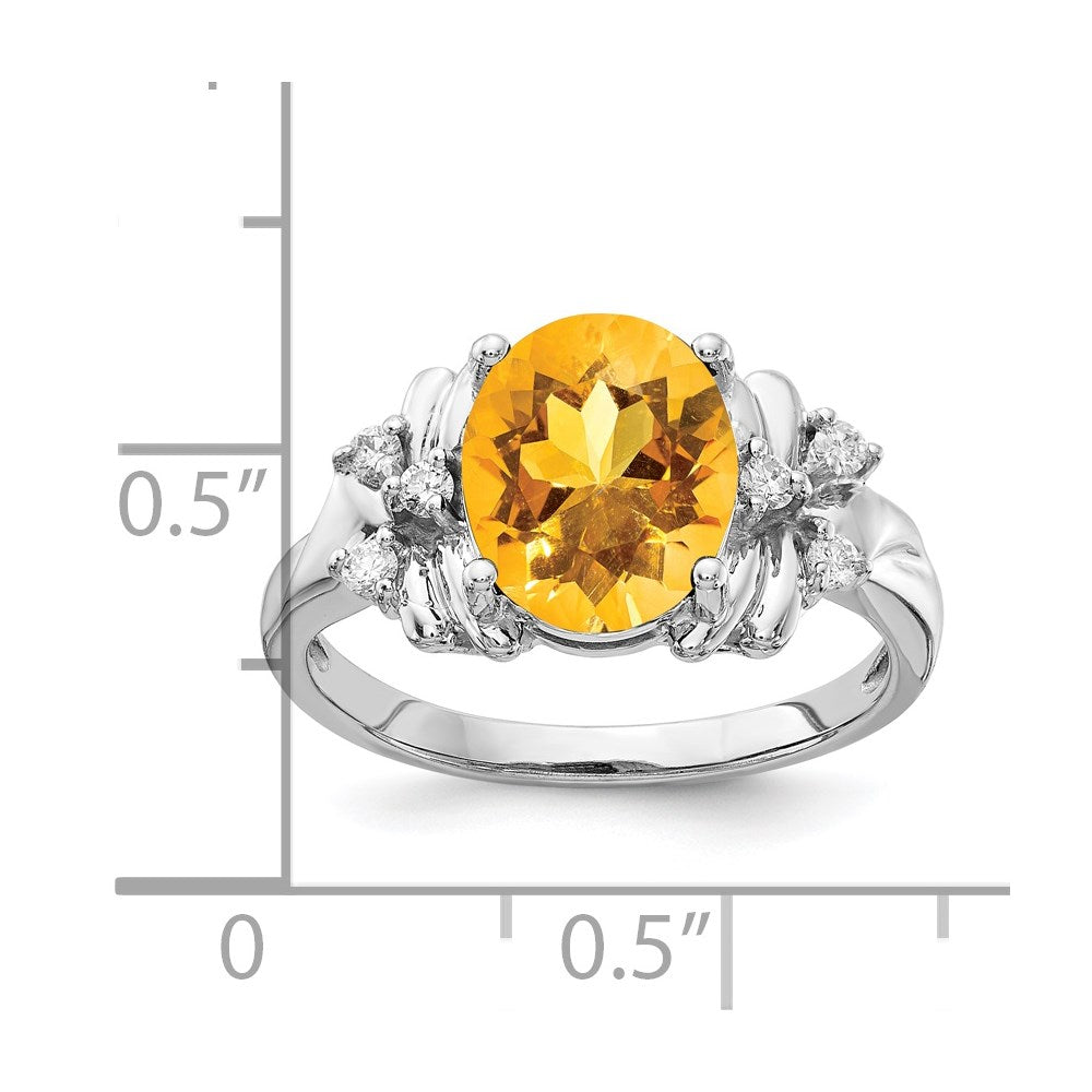 14K Weißgold Ring mit 10x8 mm ovalem Citrin im Schachbrettschliff AAA und echten Diamanten