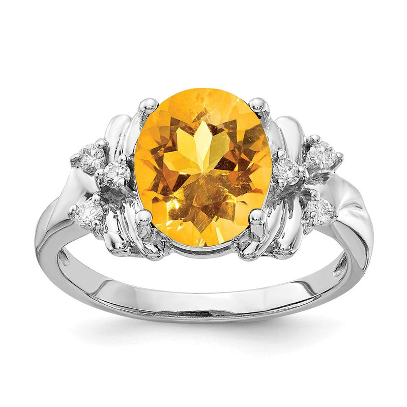 14K Weißgold Ring mit 10x8 mm ovalem Citrin im Schachbrettschliff und echtem Diamant