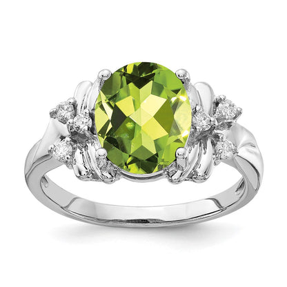 14K Weißgold Ring mit ovalem 10x8mm Peridot und echtem Diamant