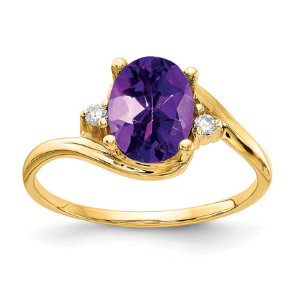 14K Gelbgold Ring mit ovalem 8x6 mm Amethyst AAA und echten Diamanten