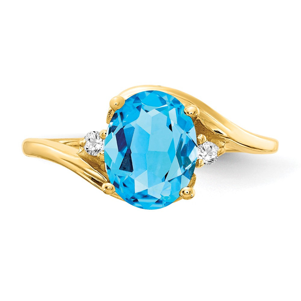 14K Gelbgold Ring mit 8x6 mm ovalem Blautopas im Schachbrettschliff und echten Diamanten VS
