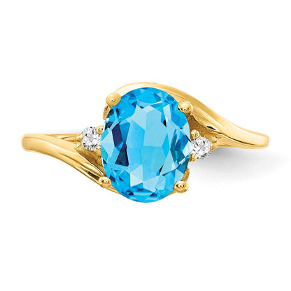 14K Gelbgold Ring mit 8x6 mm ovalem Blautopas im Schachbrettschliff und echten Diamanten VS