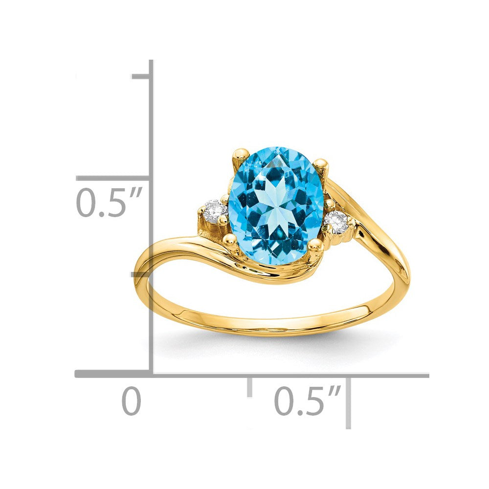 14K Gelbgold Ring mit ovalem Blautopas 8x6mm und echtem Diamant