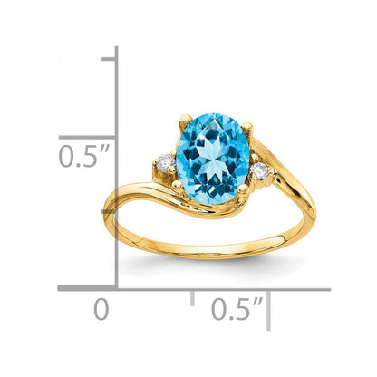 14K Gelbgold Ring mit 8x6mm ovalem Blautopas im Schachbrettschliff und echten Diamanten