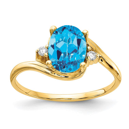 14K Gelbgold Ring mit 8x6 mm ovalem Blautopas im Schachbrettschliff und echten Diamanten VS