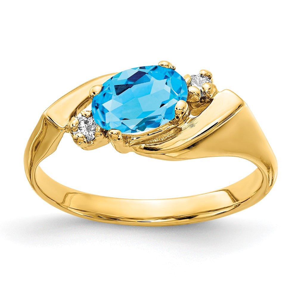 14K Gelbgold Ring mit ovalem, 7x5 mm blauem Topas VS und echten Diamanten