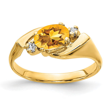 14K Gelbgold Ring mit ovalem 7x5mm Citrin im Schachbrettschliff und echten VS Diamanten