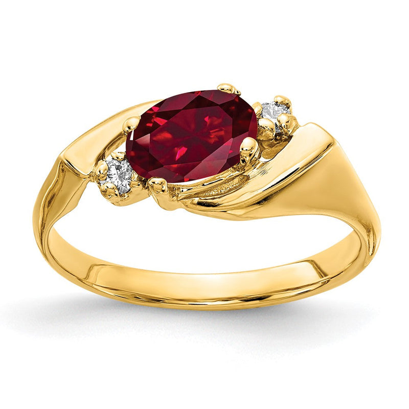 14K Gelbgold 7x5mm Oval Erzeugt Rubin A Echt Diamant Ring