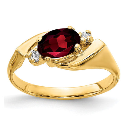 14K Gelbgold Ring mit ovalem Granat AA 7x5 mm und echten Diamanten
