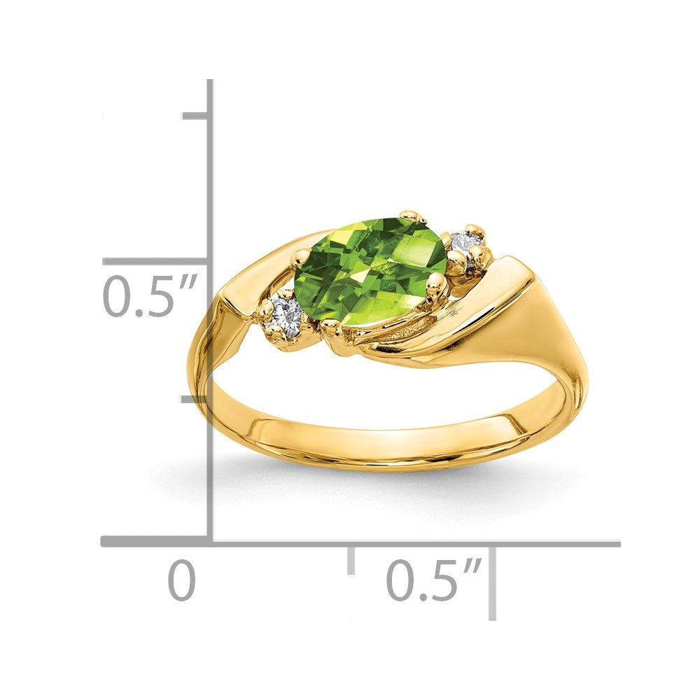 14K Gelbgold 7x5mm Oval Peridot Karo A Echt Diamant Ring