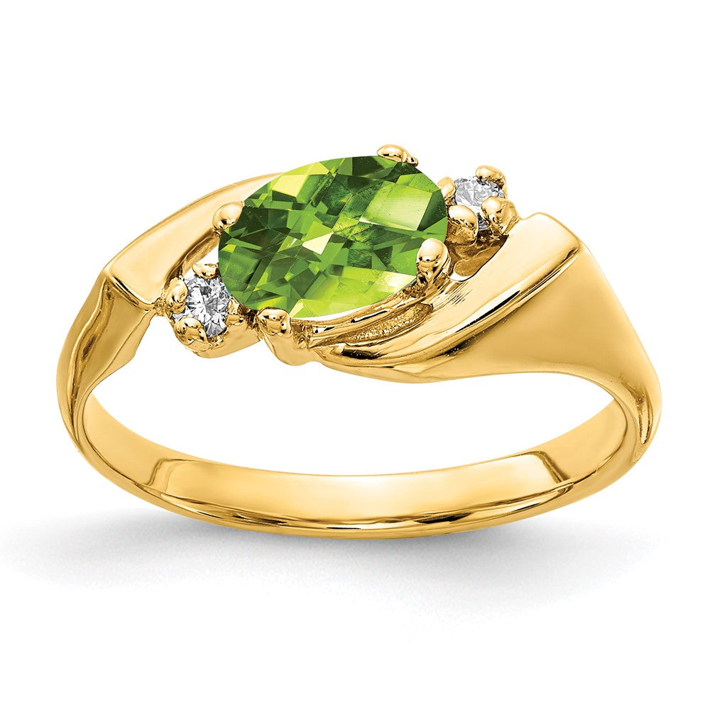 14K Gelbgold 7x5mm Oval Peridot Karo A Echt Diamant Ring