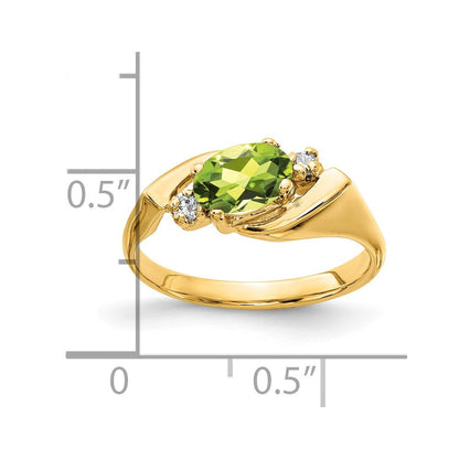 14K Gelbgold 7x5mm Oval Peridot A Echt Diamant Ring