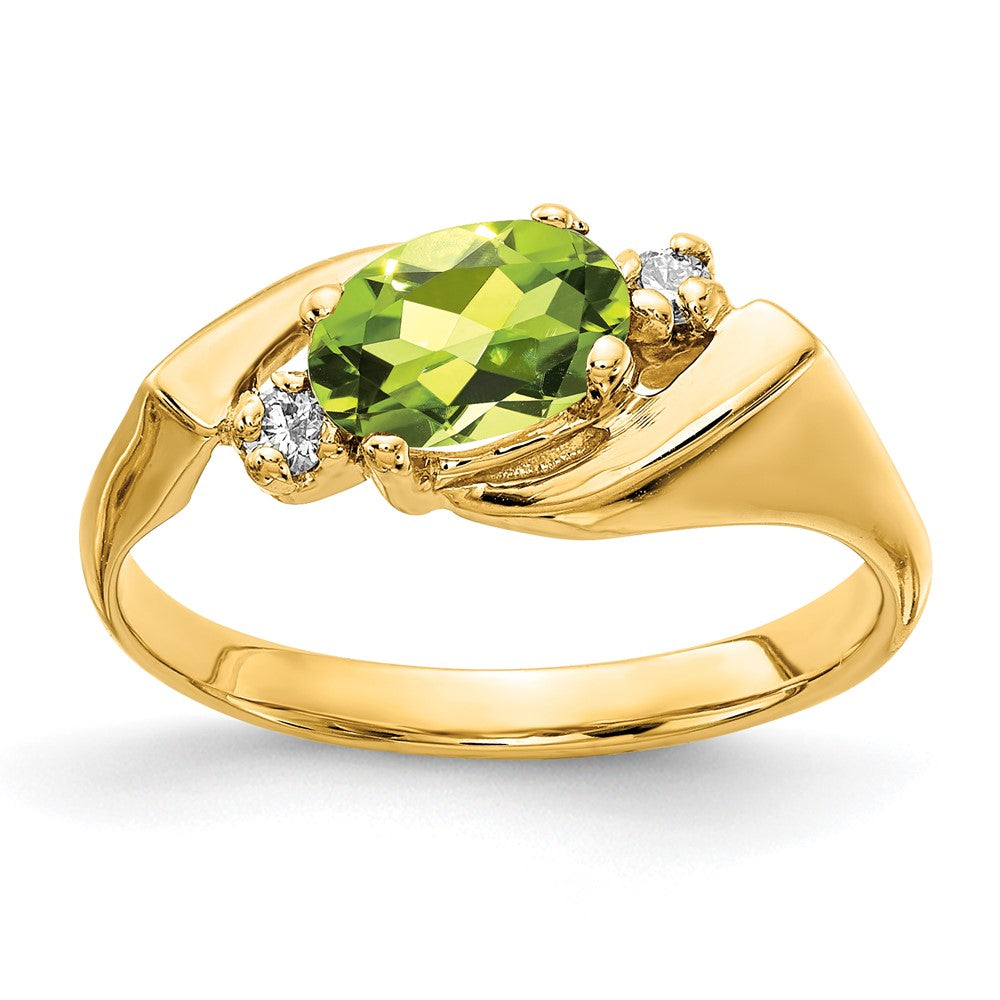 14K Gelbgold 7x5mm Oval Peridot A Echt Diamant Ring