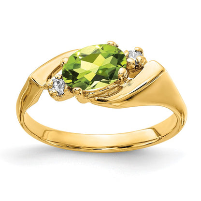 14K Gelbgold 7x5mm Oval Peridot A Echt Diamant Ring